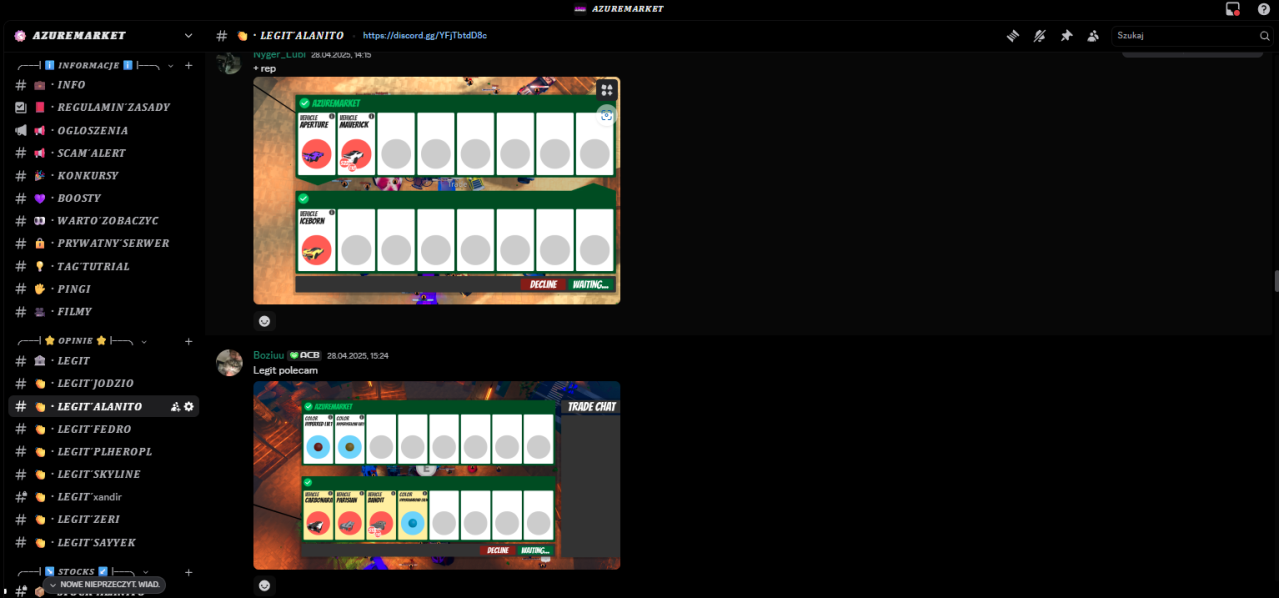 Podgląd serwera Discord AzureMarket: kanały i posty